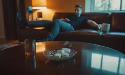 a man sitting on a couch looking at a glass with marshmallows on it