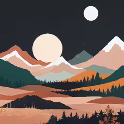 a painting with mountains, grass and trees in front of the moon,a picture of a full moon and mountains that appear to be painted in the style of american west art