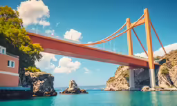 a boat under an orange bridge going over the water