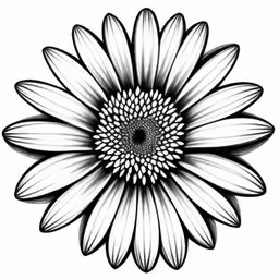 black and white drawing of a daisy flower,a flower that has an intricate, black and white background