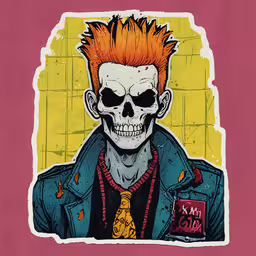 an image of a skeleton with an orange mohawk on its head,a close up of a person wearing a jacket