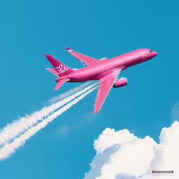 a pink commercial airplane flying with smoke trails