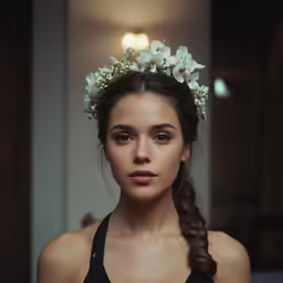a beautiful young woman with a flower crown on her head