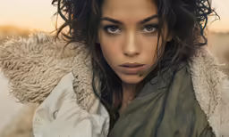 the woman is wearing a fur jacket