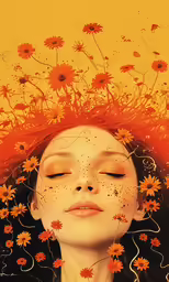 a painting that has daisies falling out of her head