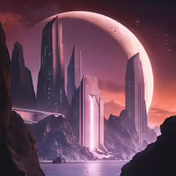 a sci - fime scene with a futuristic city, water and moon