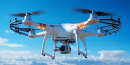 a large white quad camera drone flying in the sky