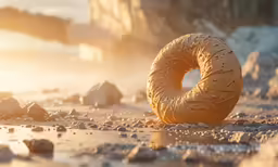 a giant plastic donut sitting on some rocks