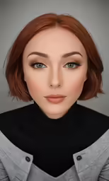 woman with short red hair and a black turtle neck sweater