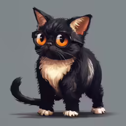 a small black cat with yellow eyes, with white paws and black fur