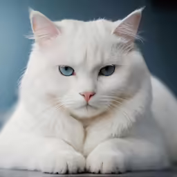 a white cat with blue eyes laying down