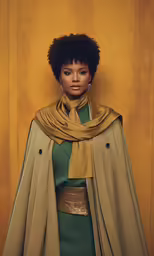 woman with afro hair wearing a coat and scarf