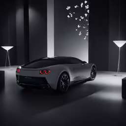 a car sitting in the middle of a dark room