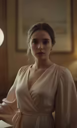 a woman with dark hair is standing in a room