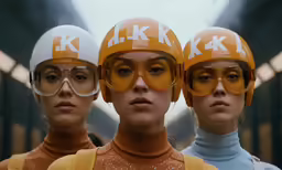 three girls in orange helmets are looking up