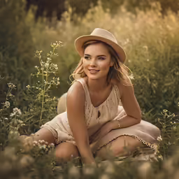 a woman with a hat kneeling on the ground in tall grass