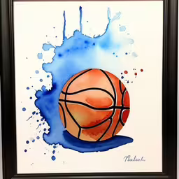 this is a watercolor basketball painting on the wall,an artistic watercolor painting of a basketball,an image of a painting of a basketball on blue watercolor,a watercolor basketball on a blue ink splottered background,watercolor painting of basketball on paper in black frame