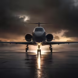 airplane on a tarmac with the sun peeking through the clouds