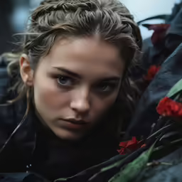 a woman is posed wearing flowery hair