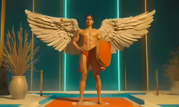 a man standing on a stage with wings in front of his chest