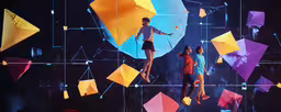 some people are standing on a colorful display,colorful sculptures with people standing on them and holding umbrellas