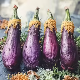 four purple eggplant plants are shown with yellow stems
