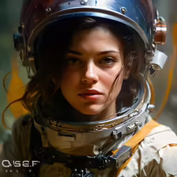 a woman in a space suit holding onto the helmet of an astronaut