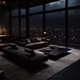 a living room with a high rise and huge windows