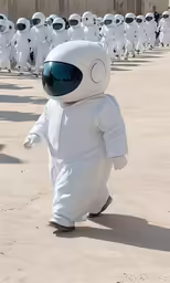 a group of people wearing white space suits