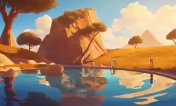 a pool sitting next to a lush green hillside