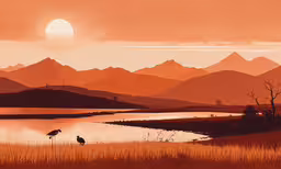 two birds are standing in the water near some mountains,a sunset with some birds standing in the water