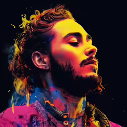 the man in pink is painted with blue and yellow paint