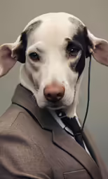 a dog in a suit and tie looks at the camera