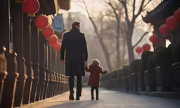 a father holding the hand of his young child, wearing winter clothing