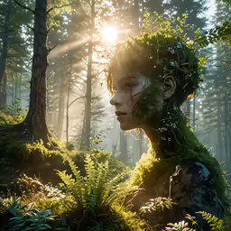 a young woman standing in a forest with green plants