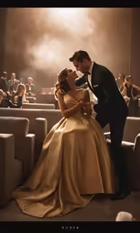 man and woman dressed in formal clothing, touching their lips