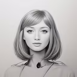 this is a black and white photo of a girl with shoulder length hair