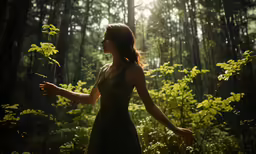 a woman with long hair and a green dress is walking through a forest