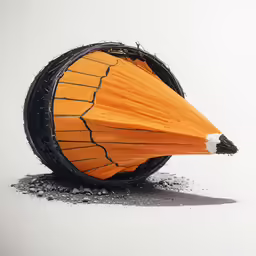 an orange object sits on top of dirt and ash