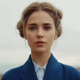 a young girl is dressed in a business suit and a serious look
