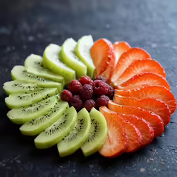 a group of fruit with various slices of kiwi and orange