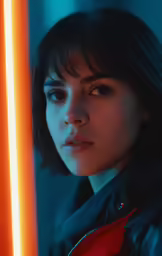 a woman staring while holding a glowing piece of material