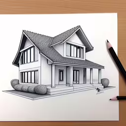a drawing of a house with its steps to the garage,a pencil drawing of a house on paper