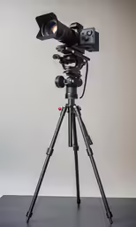 the camera is sitting on a tripod with a lens on it