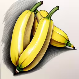 some very ripe bananas painted on the white wall,two drawing of yellow bananas, in a white frame,two bananas on a white background with one large,some very ripe bananas on a table with other items,two drawings of bananas on top of each other