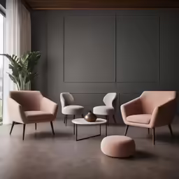 modern chairs and foot stools in front of windows