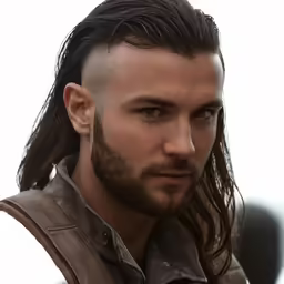 a man with long hair wearing a vest and standing