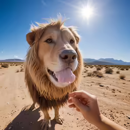 a person holds their hand to the nose of a lion