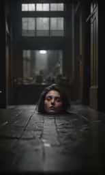 a young woman is laying on the ground in a dimly lit room