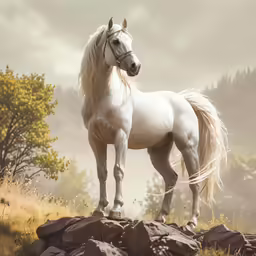 a white horse is standing on rocks on top of some grass